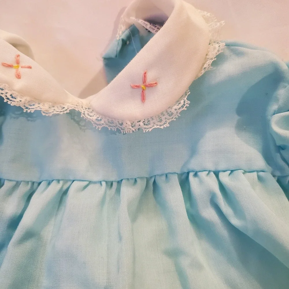 Baby Girl Aqua Blue‎ Peter Pan Collar Dress Puff Sleeve Embroidered doll
